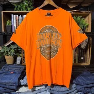 Harley Davidson Orange Biker Tee Double Sided Neon Motorcycle Shirt Mens XL